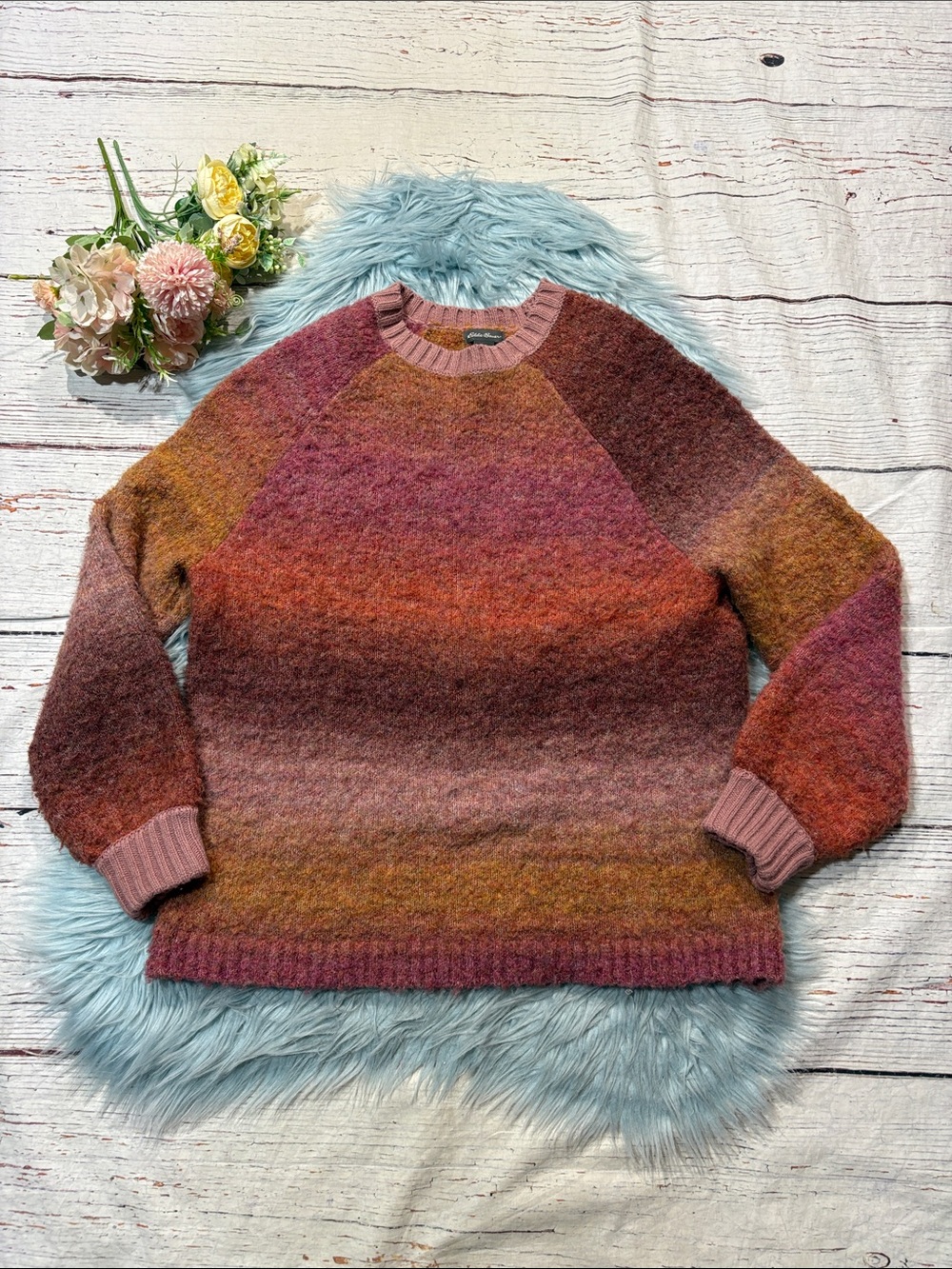Eddie Bauer Gradient Border Knit Crewneck Sunset Sweater